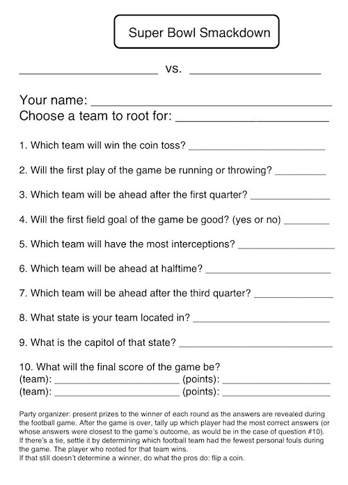 super bowl party prediction sheet